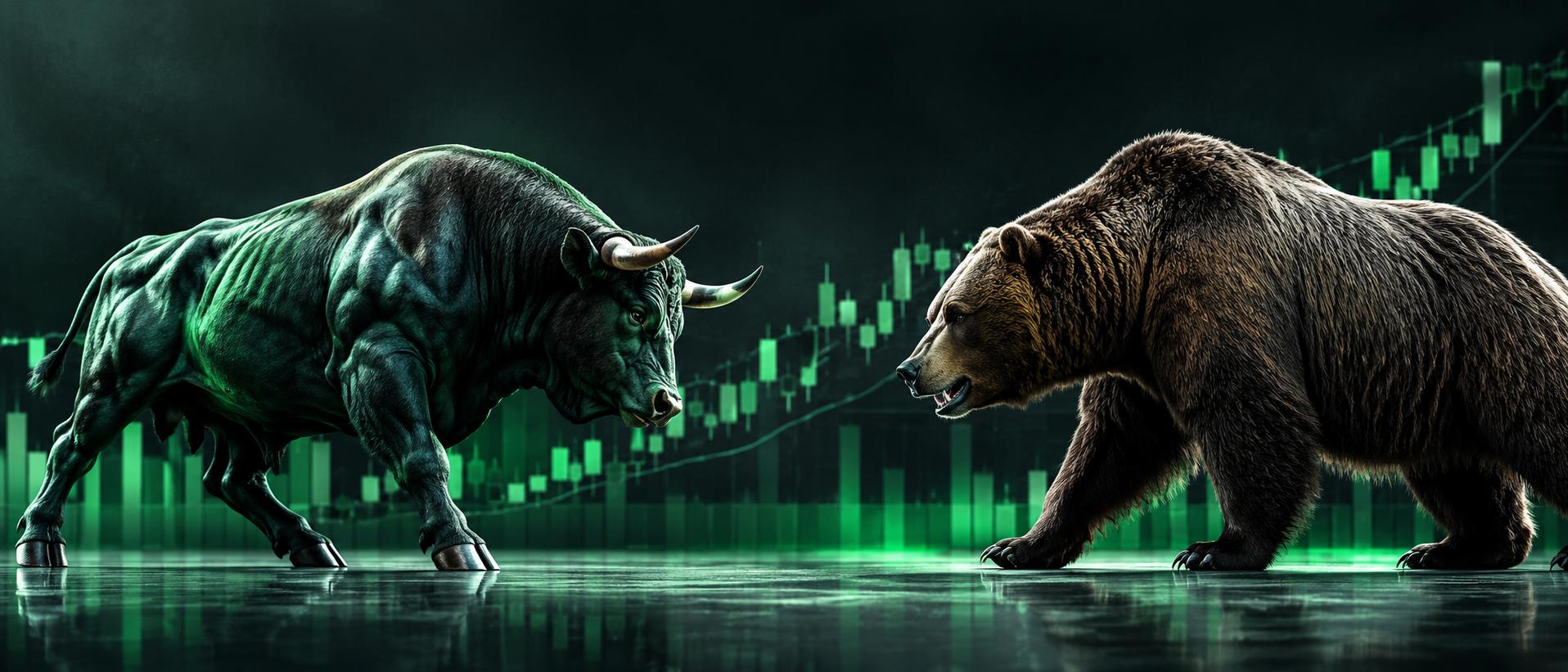 Bull and a bear facing each other on a chart landscape