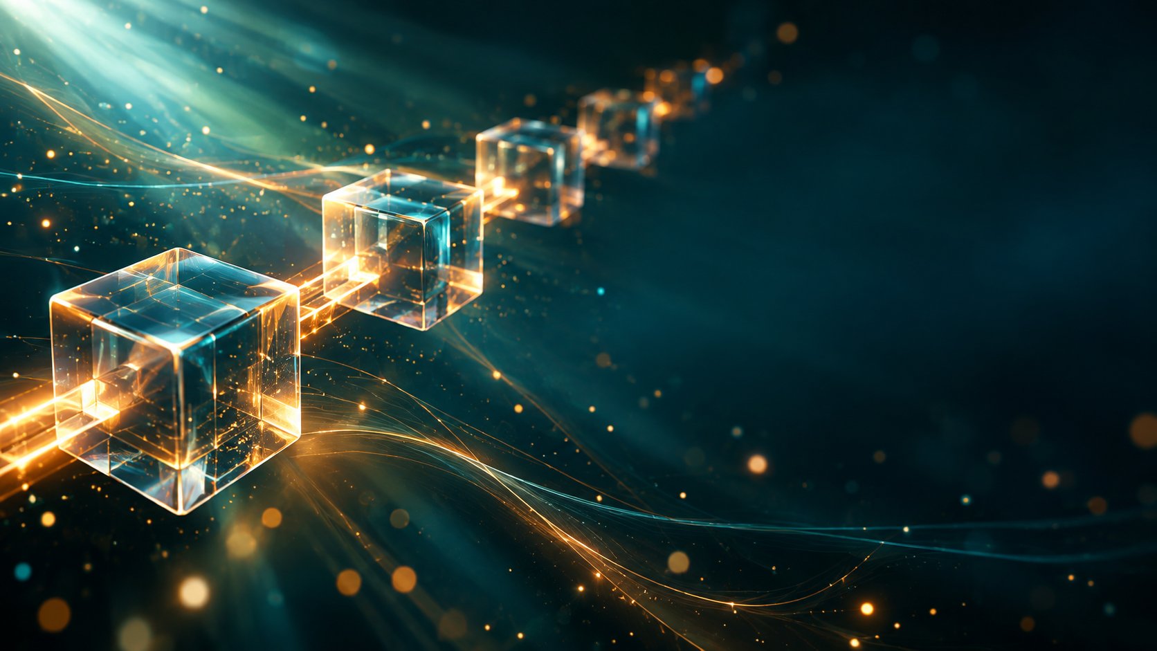 Chain of glowing transparent cubes connected by light links