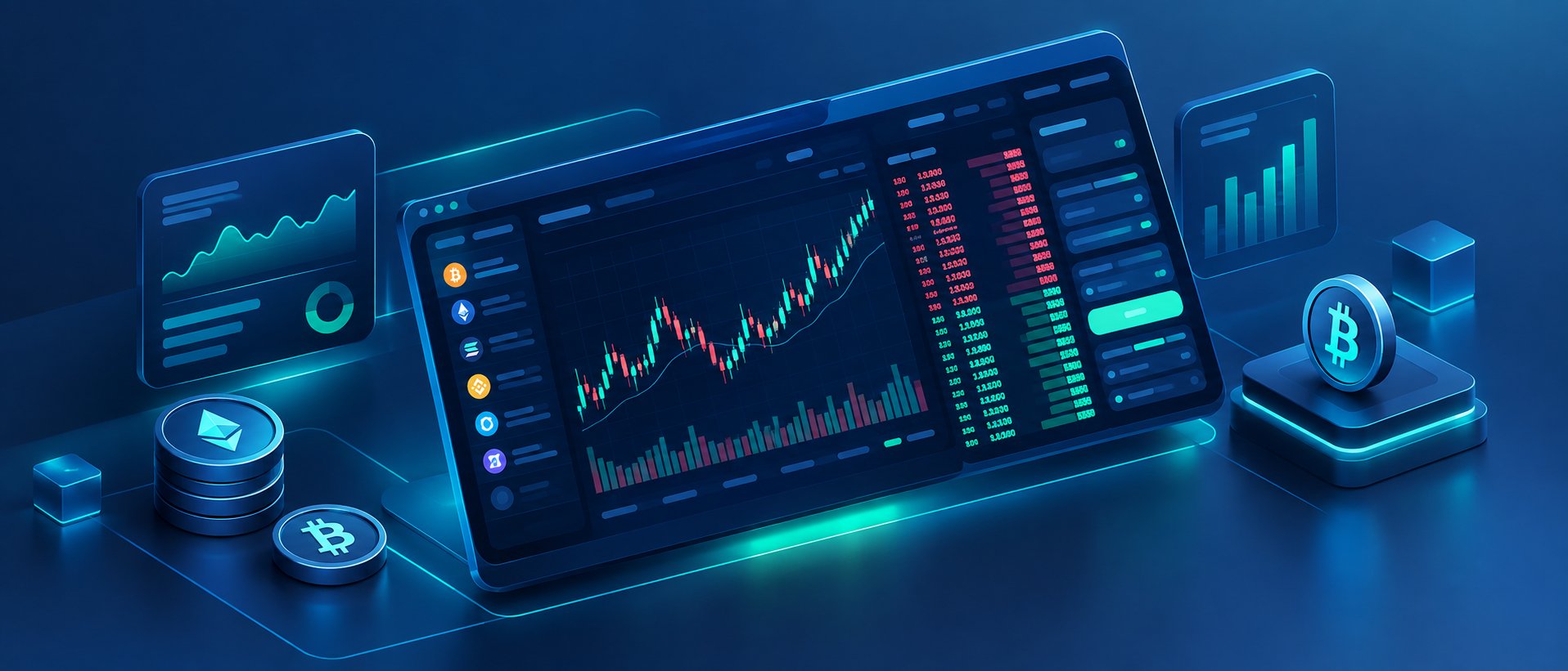Futuristic trading interface with an order book and crypto charts