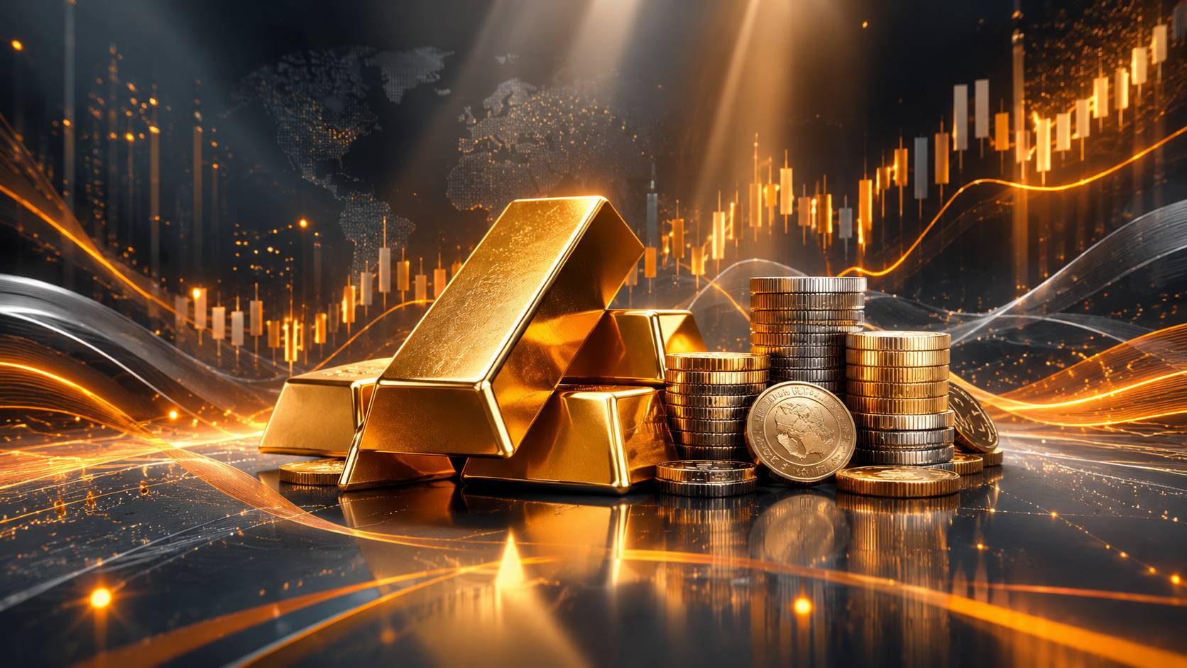 Gold bars next to currency coins with a price chart backdrop