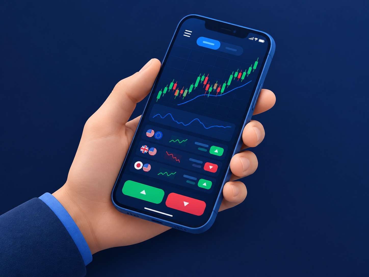 Smartphone showing a clean forex trading interface held in hand