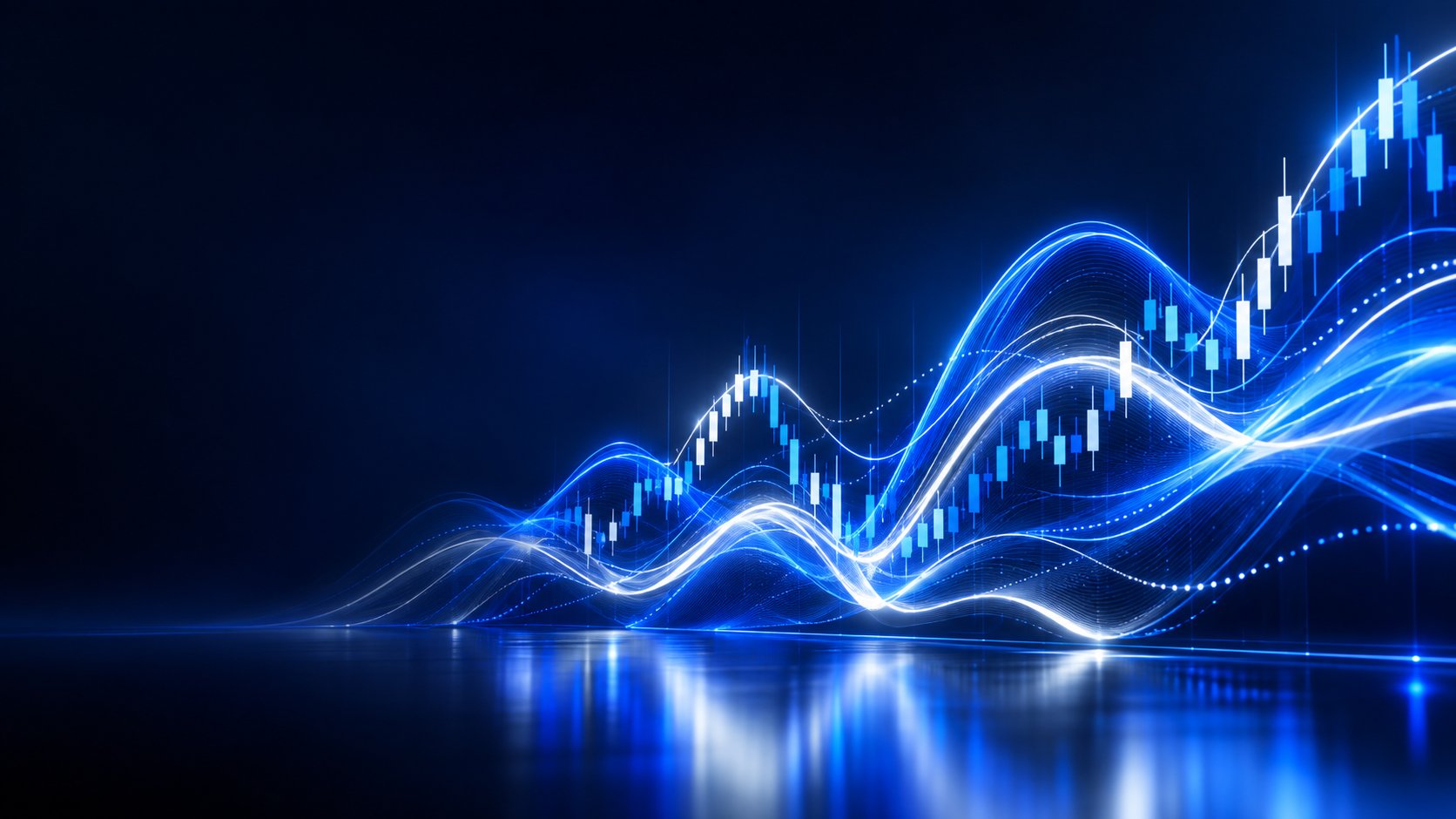 Abstract waves of light representing market volatility across currency charts